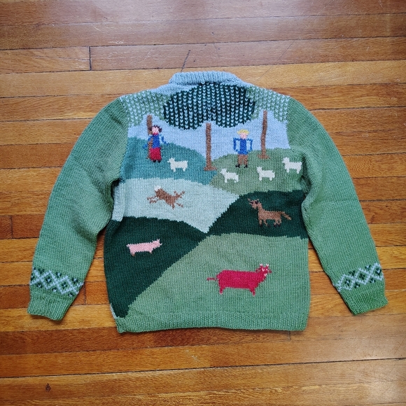 90s Vintage Handmade Wool Sweater Garden Farm Scene Handknit Medium Large - Picture 4 of 7